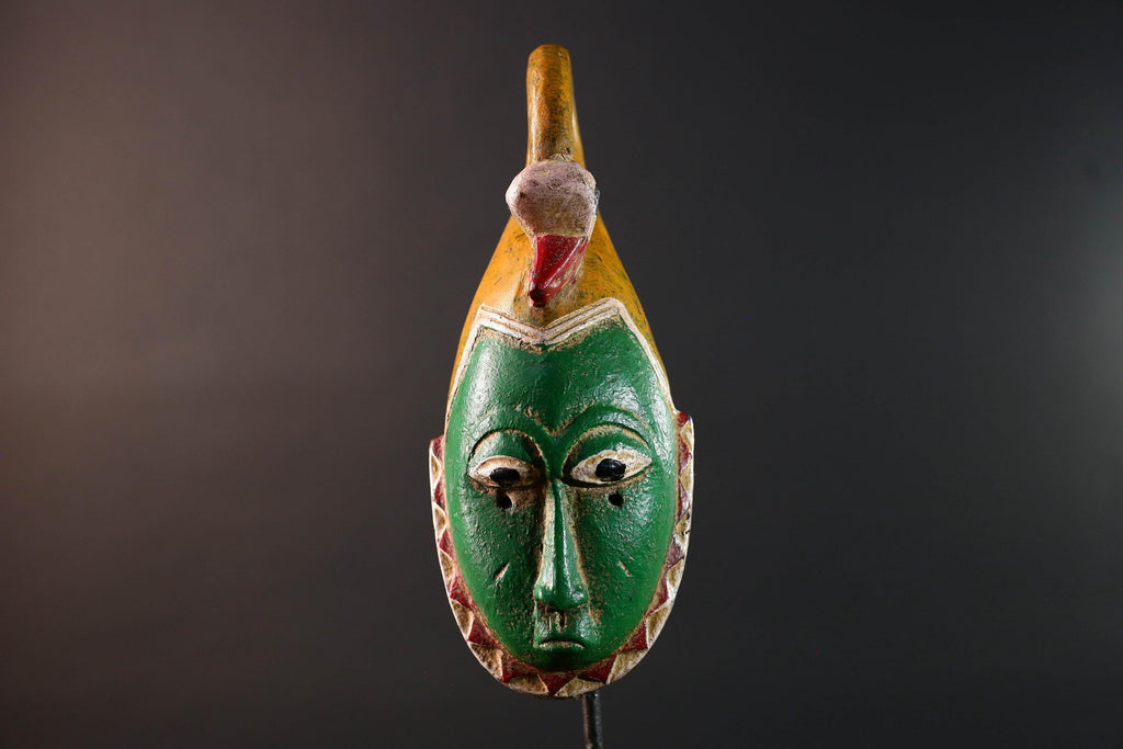 African mask Guro carving with bird crest green tribal face handmade spiritual decor red zigzag wall art wood sculpture tribal design-G5551