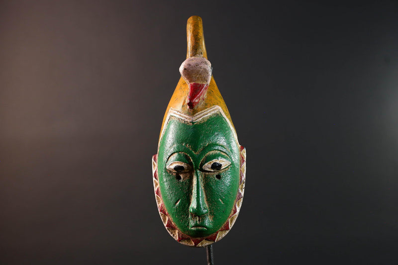 African mask Guro carving with bird crest green tribal face handmade spiritual decor red zigzag wall art wood sculpture tribal design-G5551