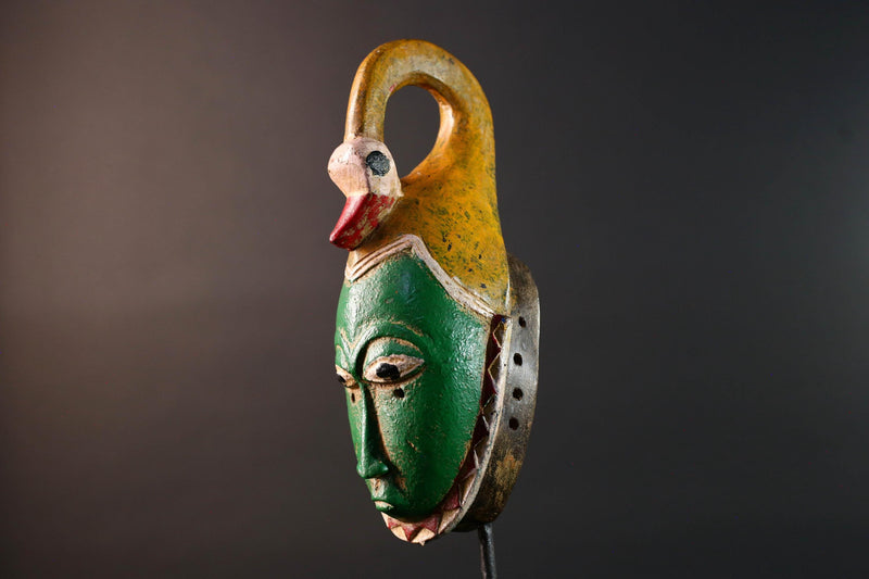 African mask Guro carving with bird crest green tribal face handmade spiritual decor red zigzag wall art wood sculpture tribal design-G5551