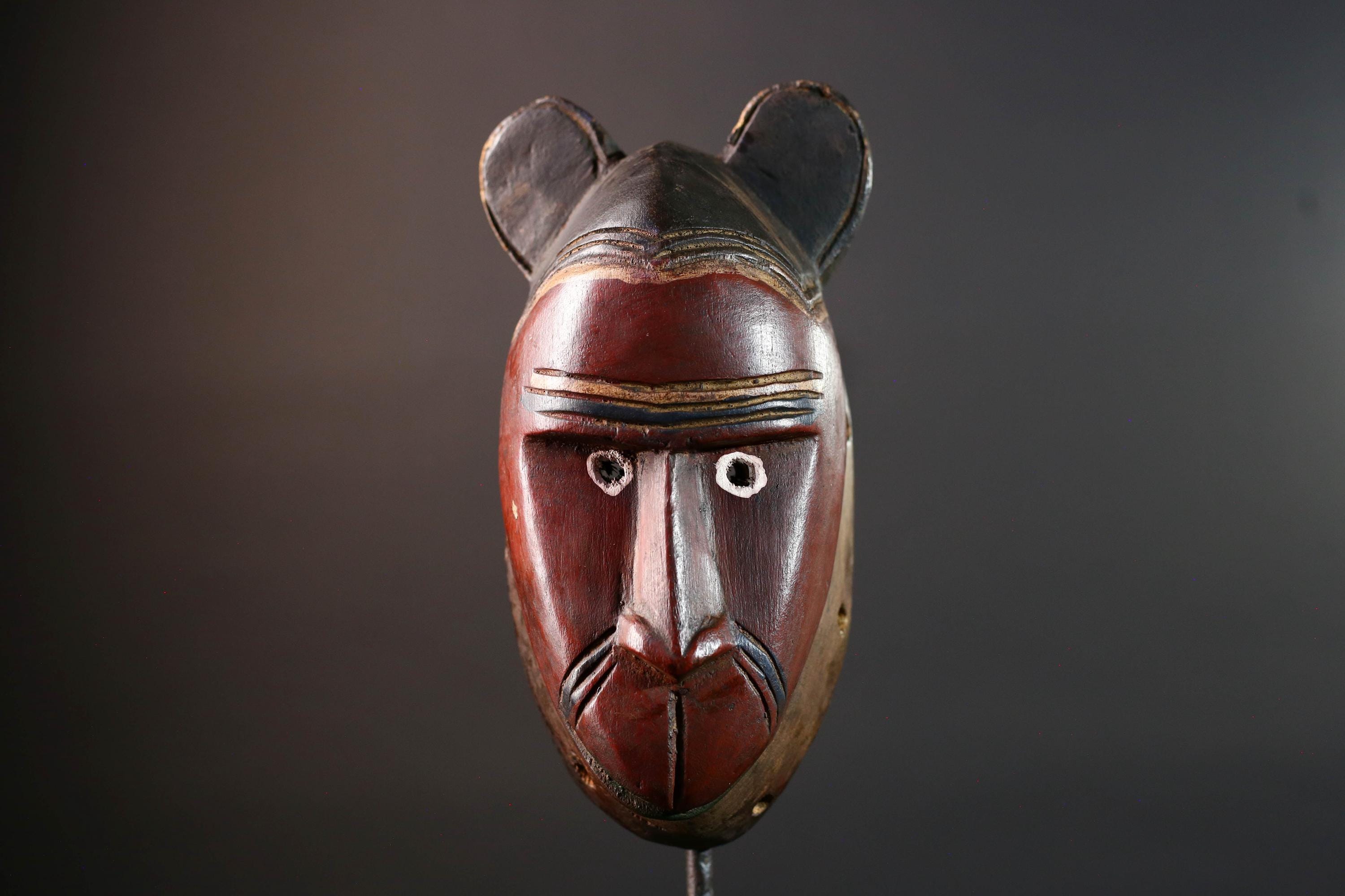 African mask Baule carving with animal ears red brown face tribal spirit wall decor hand carved wood sculpture spiritual home art-G5550