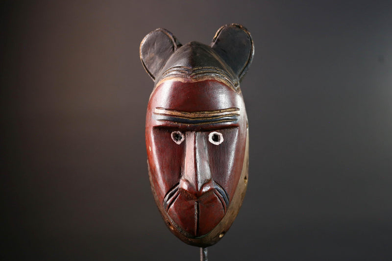 African mask Baule carving with animal ears red brown face tribal spirit wall decor hand carved wood sculpture spiritual home art-G5550