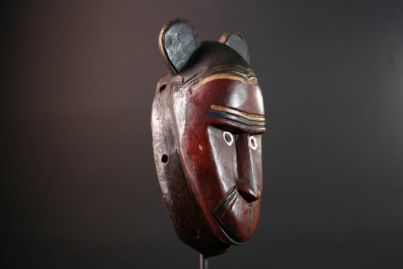 African mask Baule carving with animal ears red brown face tribal spirit wall decor hand carved wood sculpture spiritual home art-G5550