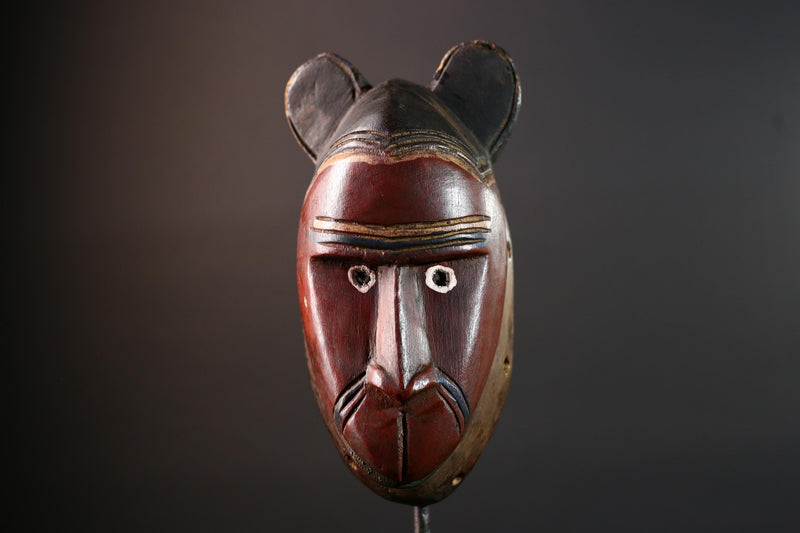 African mask Baule carving with animal ears red brown face tribal spirit wall decor hand carved wood sculpture spiritual home art-G5550