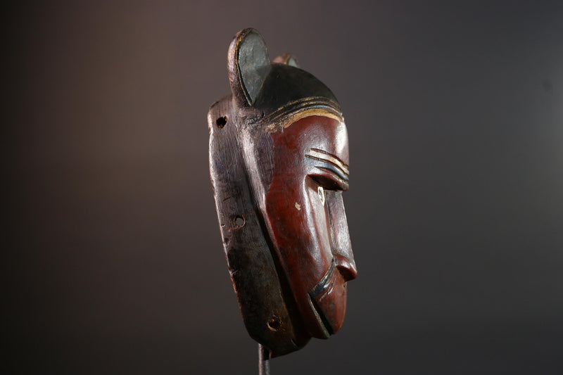African mask Baule carving with animal ears red brown face tribal spirit wall decor hand carved wood sculpture spiritual home art-G5550