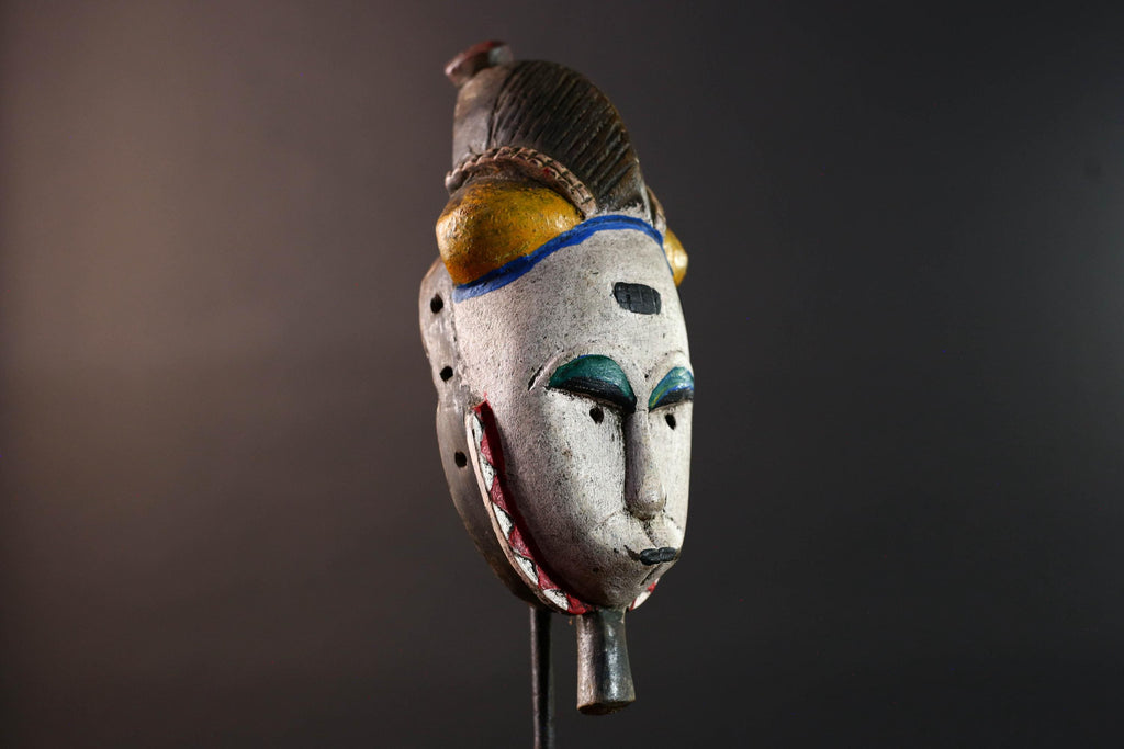 African mask Baule white face with horn crest red triangle trim green blue paint tribal wall decor spiritual carving wood sculpture-G5549