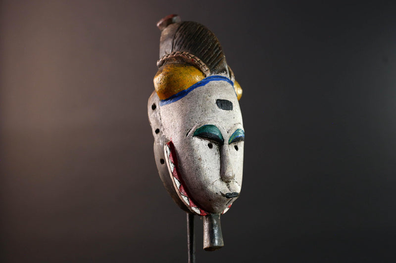 African mask Baule white face with horn crest red triangle trim green blue paint tribal wall decor spiritual carving wood sculpture-G5549