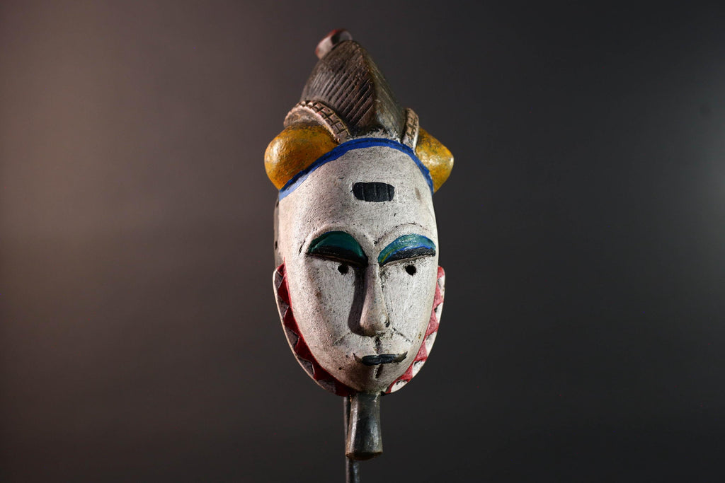 African mask Baule white face with horn crest red triangle trim green blue paint tribal wall decor spiritual carving wood sculpture-G5549