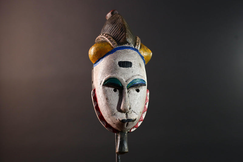 African mask Baule white face with horn crest red triangle trim green blue paint tribal wall decor spiritual carving wood sculpture-G5549