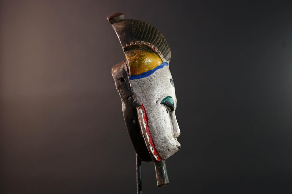 African mask Baule white face with horn crest red triangle trim green blue paint tribal wall decor spiritual carving wood sculpture-G5549