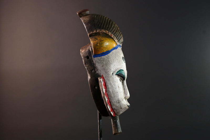 African mask Baule white face with horn crest red triangle trim green blue paint tribal wall decor spiritual carving wood sculpture-G5549