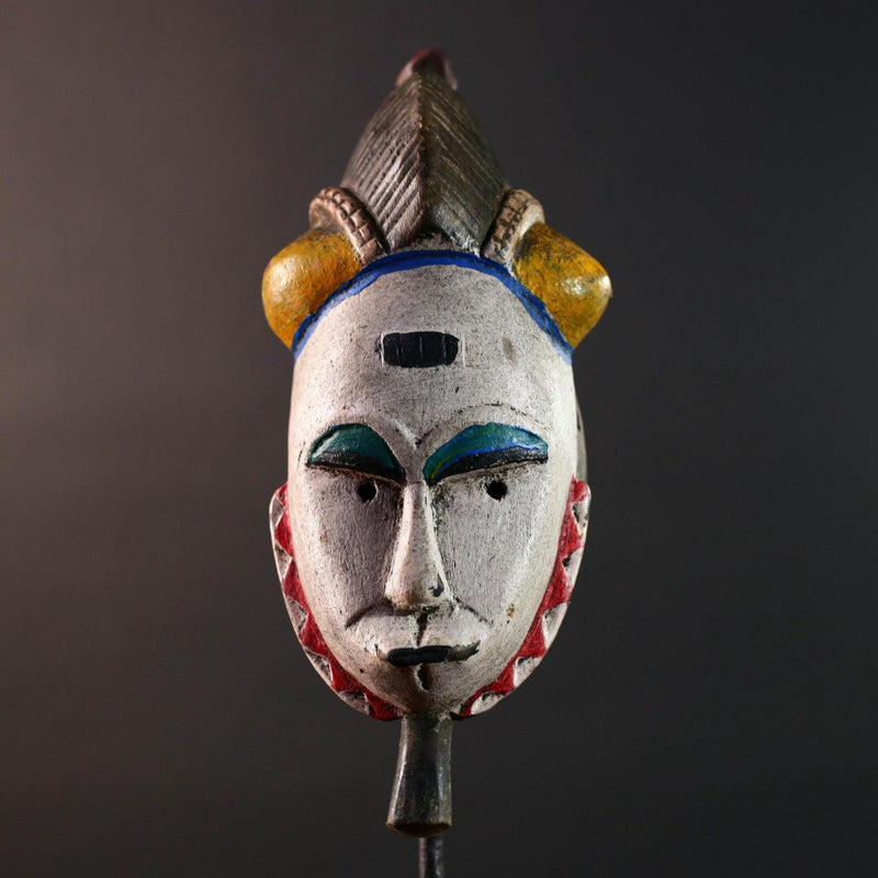 African mask Baule white face with horn crest red triangle trim green blue paint tribal wall decor spiritual carving wood sculpture-G5549