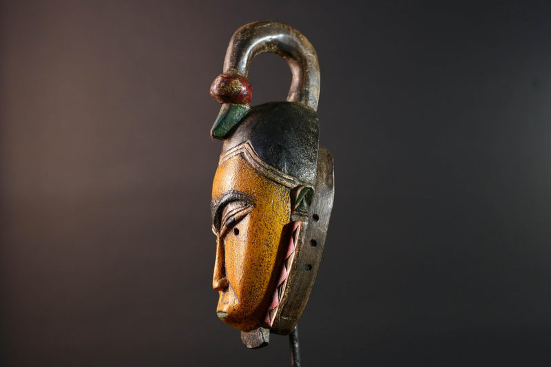 African mask Guro carving yellow face with animal crest red white triangle trim tribal wall decor wood sculpture spiritual art-G5548