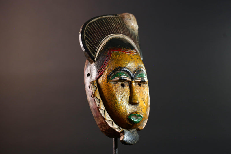 African mask Baule carving yellow face with leaf crest green lips red triangle trim tribal wall art wood sculpture spiritual decor-G5547