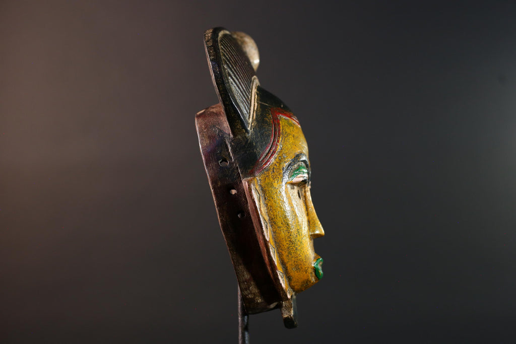 African mask Baule carving yellow face with leaf crest green lips red triangle trim tribal wall art wood sculpture spiritual decor-G5547