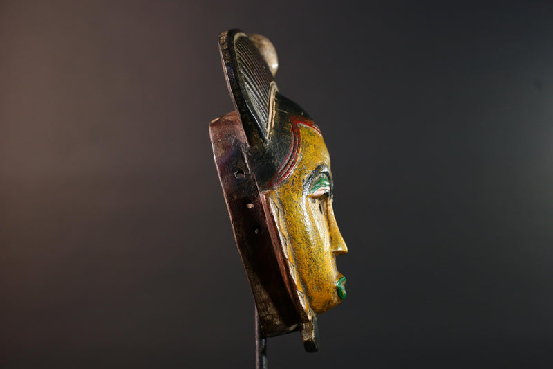 African mask Baule carving yellow face with leaf crest green lips red triangle trim tribal wall art wood sculpture spiritual decor-G5547