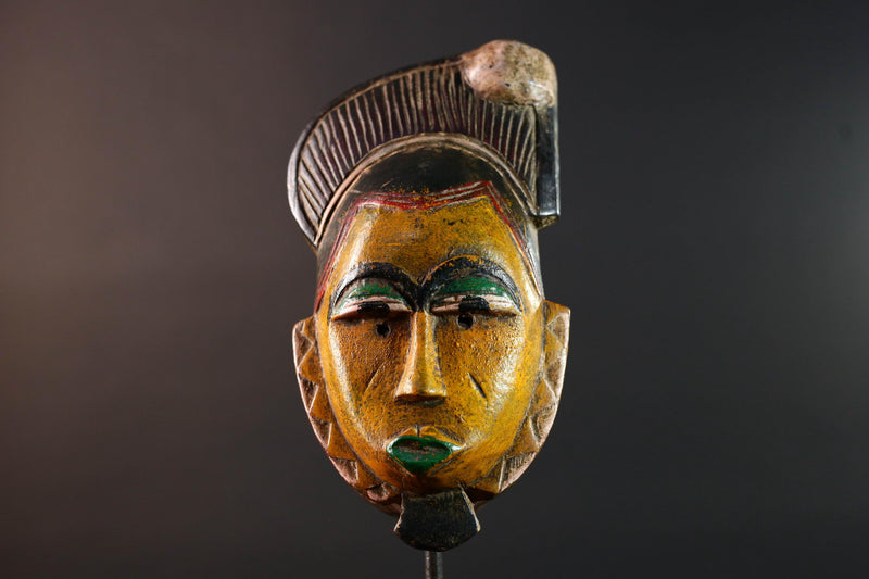 African mask Baule carving yellow face with leaf crest green lips red triangle trim tribal wall art wood sculpture spiritual decor-G5547
