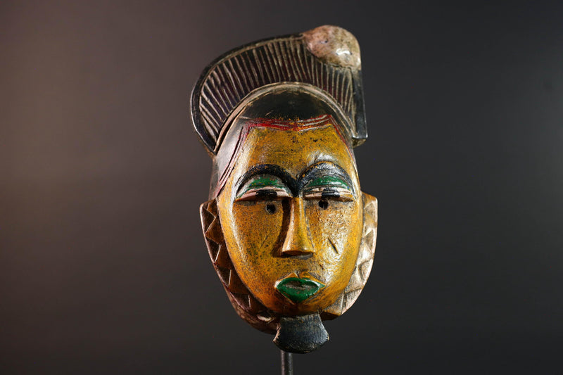 African mask Baule carving yellow face with leaf crest green lips red triangle trim tribal wall art wood sculpture spiritual decor-G5547