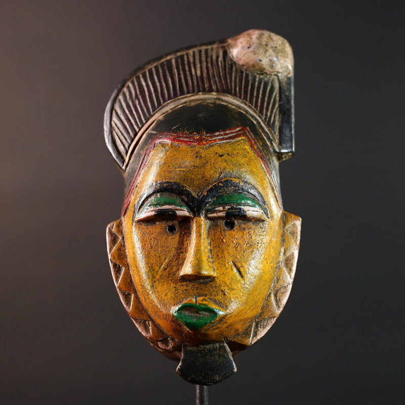 African mask Baule carving yellow face with leaf crest green lips red triangle trim tribal wall art wood sculpture spiritual decor-G5547