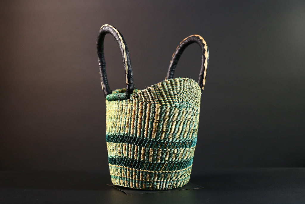 African Bolga basket green natural handwoven market tote bag leather handle Ghana decor woven storage shopping basket art G5626