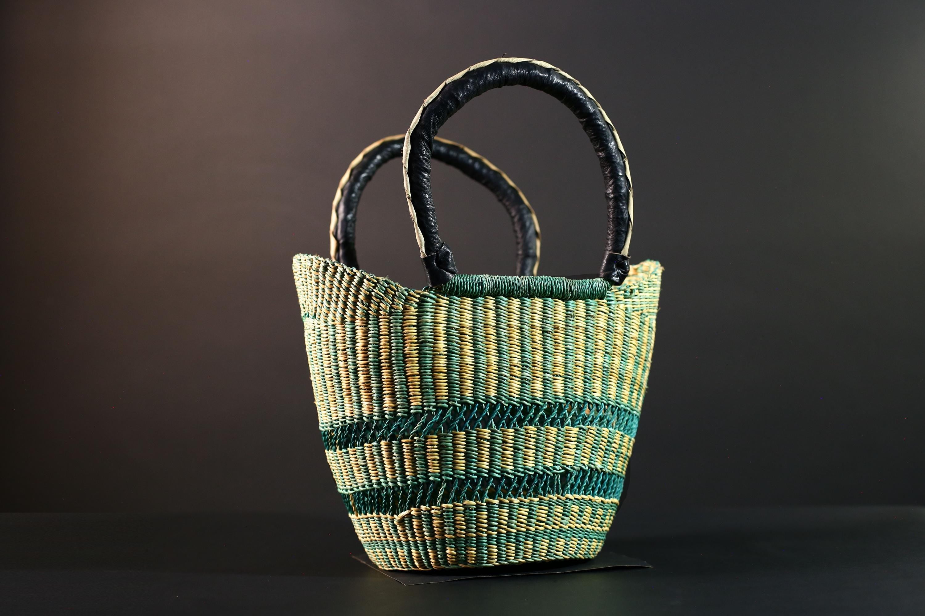 African Bolga basket green natural handwoven market tote bag leather handle Ghana decor woven storage shopping basket art G5626