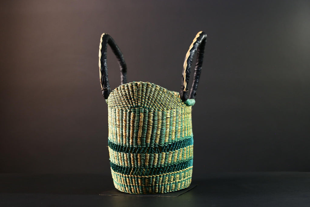 African Bolga basket green natural handwoven market tote bag leather handle Ghana decor woven storage shopping basket art G5626