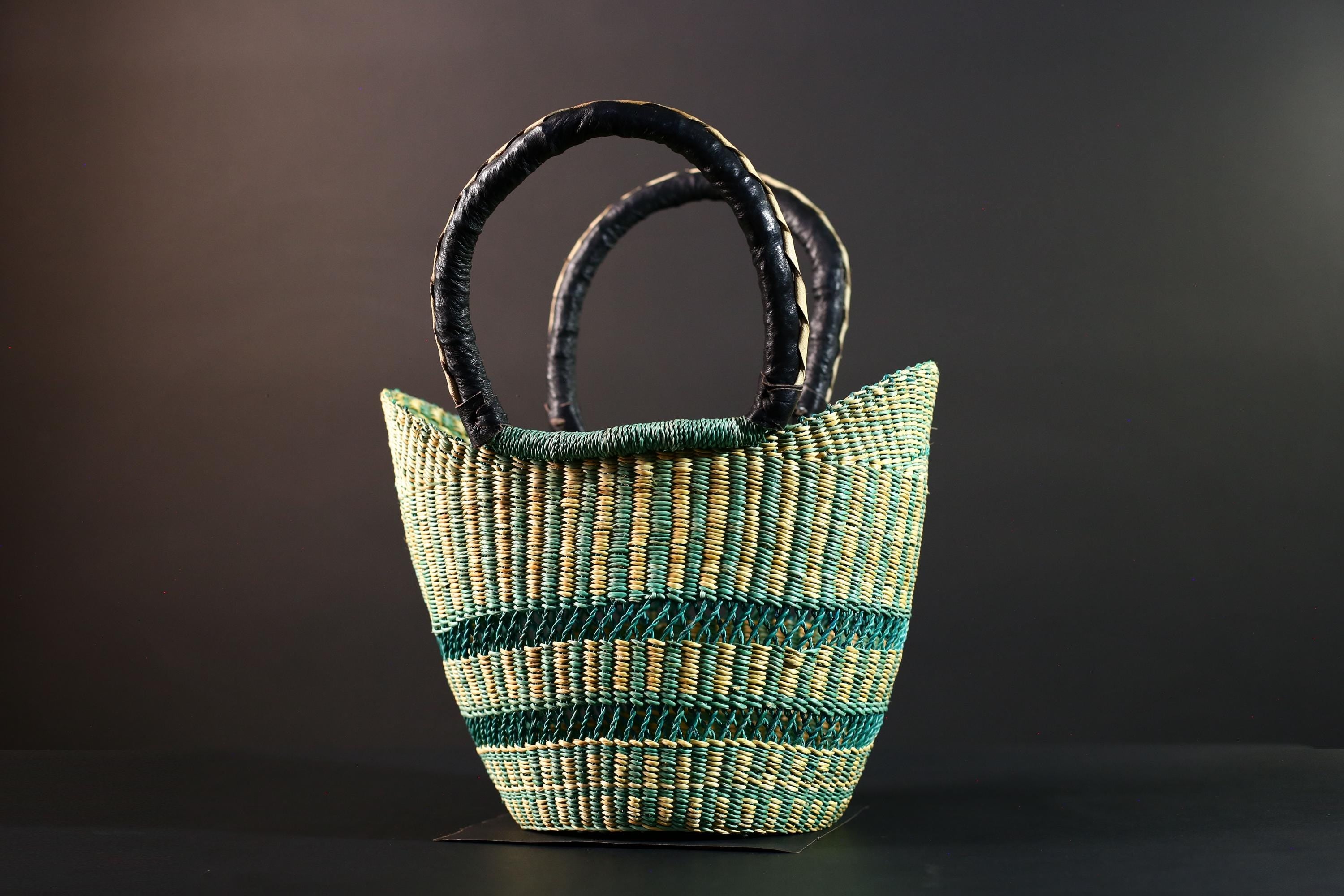 African Bolga basket green natural handwoven market tote bag leather handle Ghana decor woven storage shopping basket art G5626