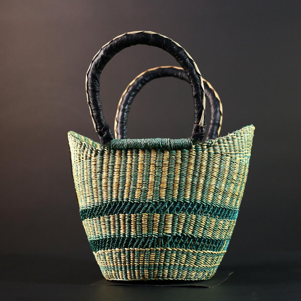 African Bolga basket green natural handwoven market tote bag leather handle Ghana decor woven storage shopping basket art G5626