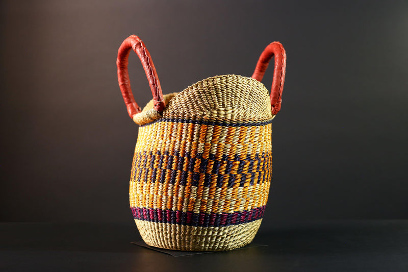 African Bolga basket tote with red leather handles handwoven straw shopper bag from Ghana colorful tribal market storage decor G5627