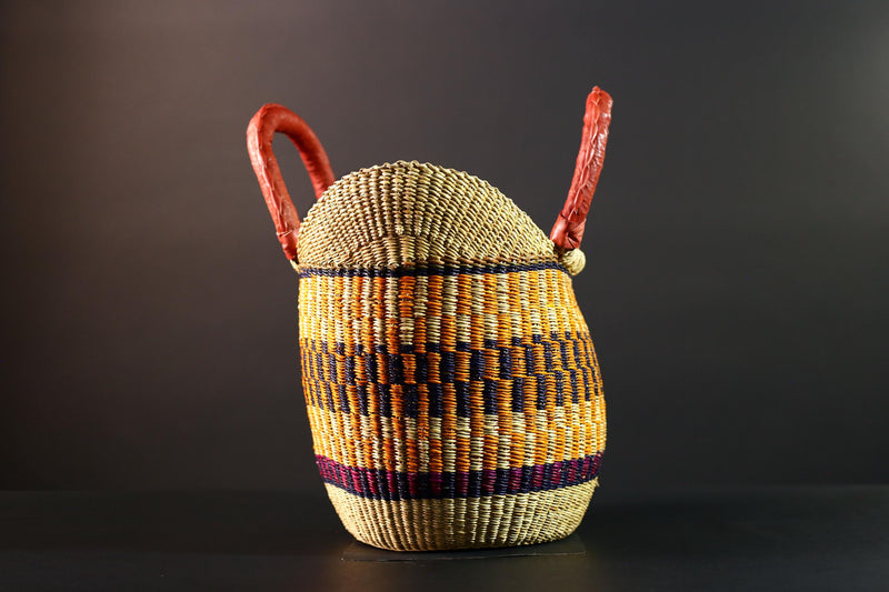 African Bolga basket tote with red leather handles handwoven straw shopper bag from Ghana colorful tribal market storage decor G5627