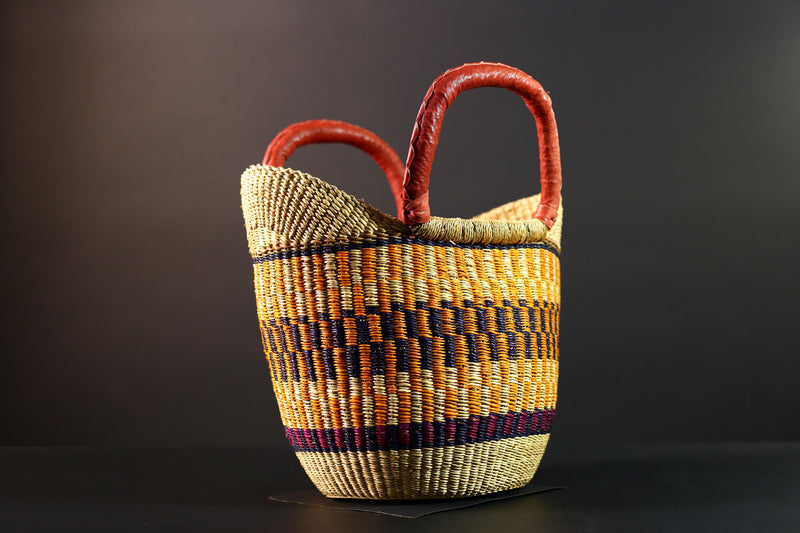 African Bolga basket tote with red leather handles handwoven straw shopper bag from Ghana colorful tribal market storage decor G5627