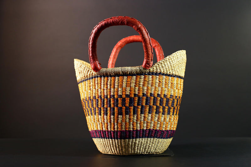 African Bolga basket tote with red leather handles handwoven straw shopper bag from Ghana colorful tribal market storage decor G5627