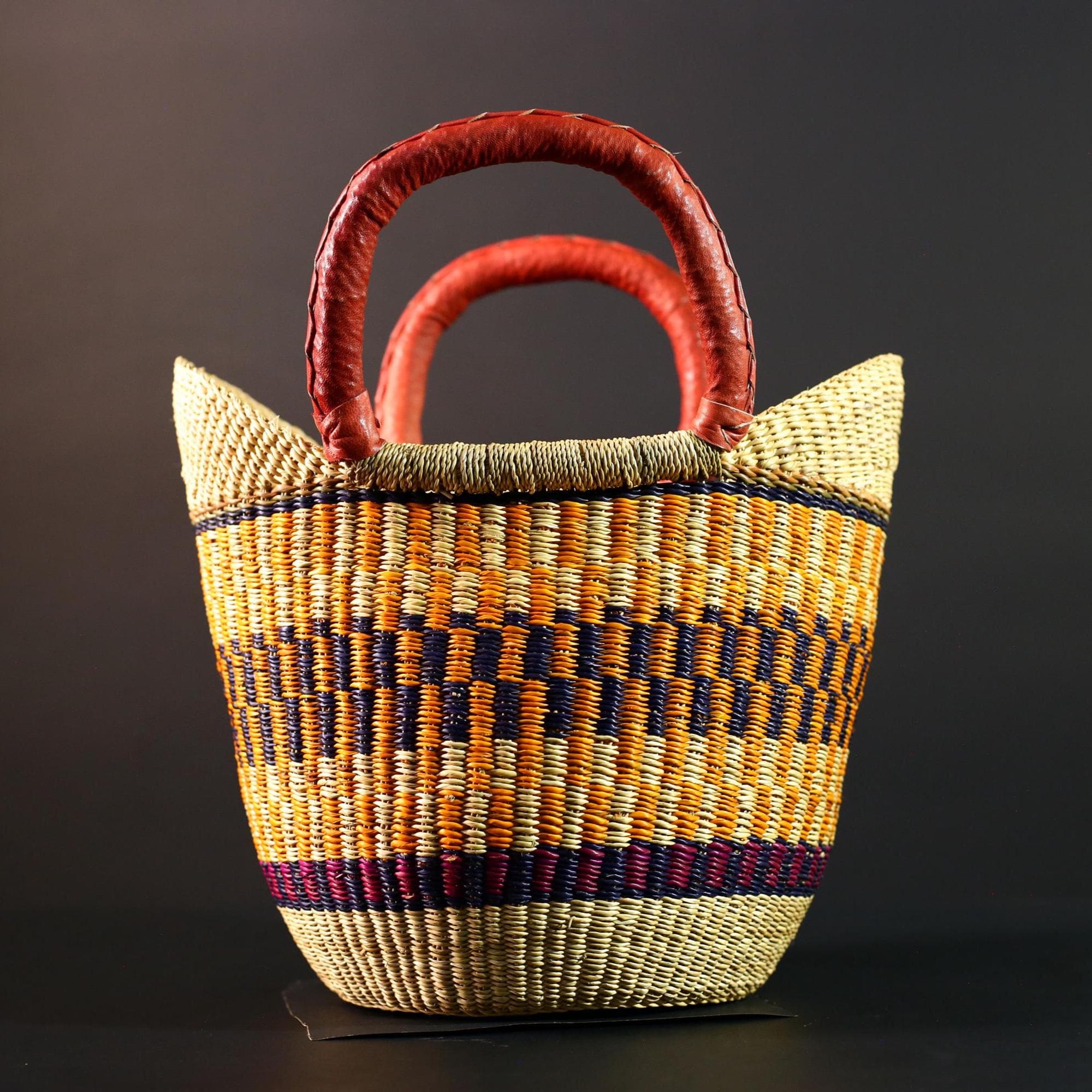 African Bolga basket tote with red leather handles handwoven straw shopper bag from Ghana colorful tribal market storage decor G5627