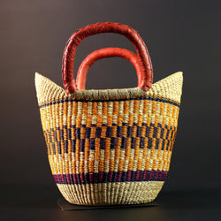 African Bolga basket tote with red leather handles handwoven straw shopper bag from Ghana colorful tribal market storage decor G5627