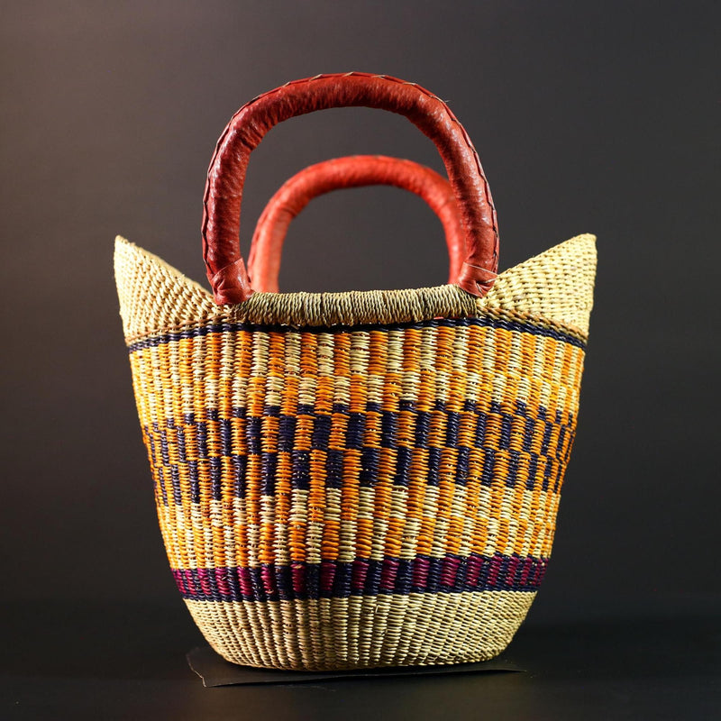 African Bolga basket tote with red leather handles handwoven straw shopper bag from Ghana colorful tribal market storage decor G5627
