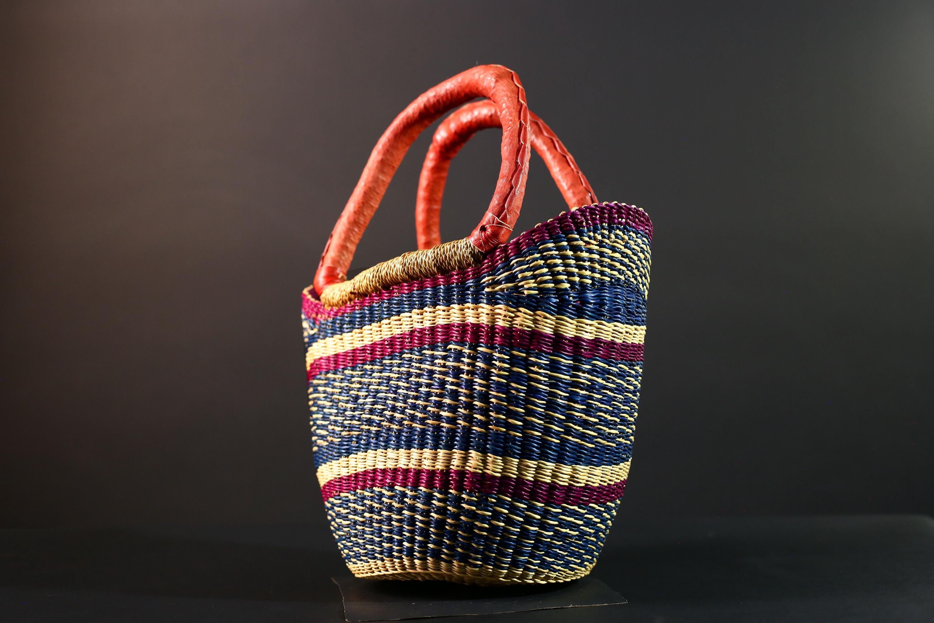 African Bolga Basket Red Leather Handle Indigo Straw Handwoven Ghana Market Tote Bag Tribal Organizer Home Storage Natural Decor G5628