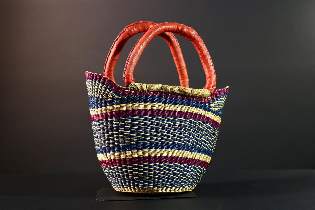 African Bolga Basket Red Leather Handle Indigo Straw Handwoven Ghana Market Tote Bag Tribal Organizer Home Storage Natural Decor G5628