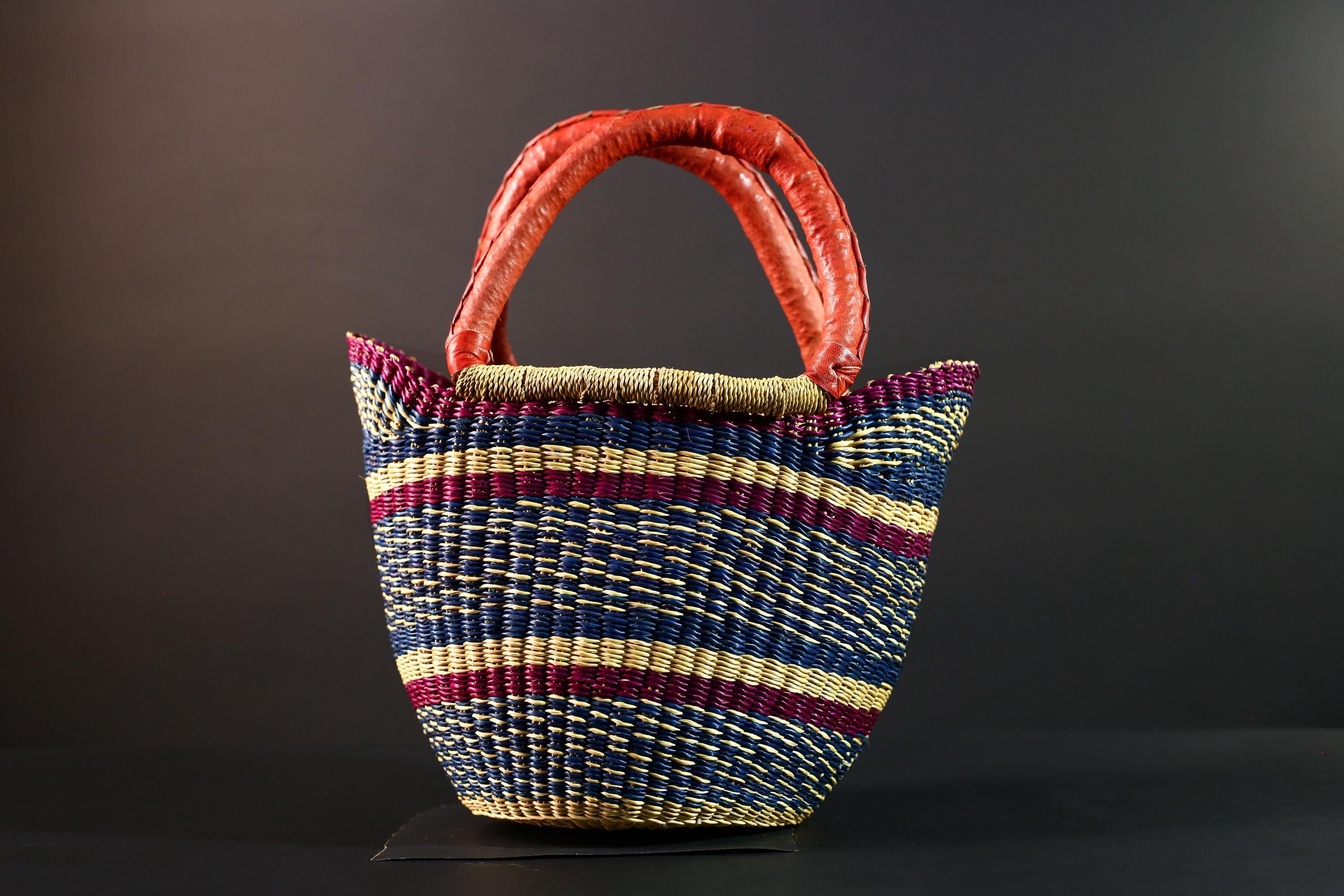 African Bolga Basket Red Leather Handle Indigo Straw Handwoven Ghana Market Tote Bag Tribal Organizer Home Storage Natural Decor G5628