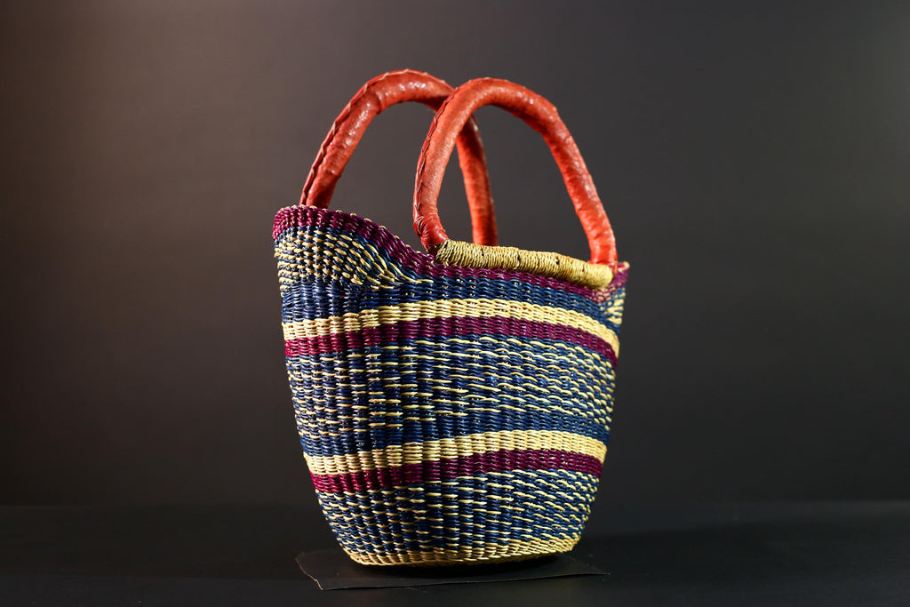 African Bolga Basket Red Leather Handle Indigo Straw Handwoven Ghana Market Tote Bag Tribal Organizer Home Storage Natural Decor G5628