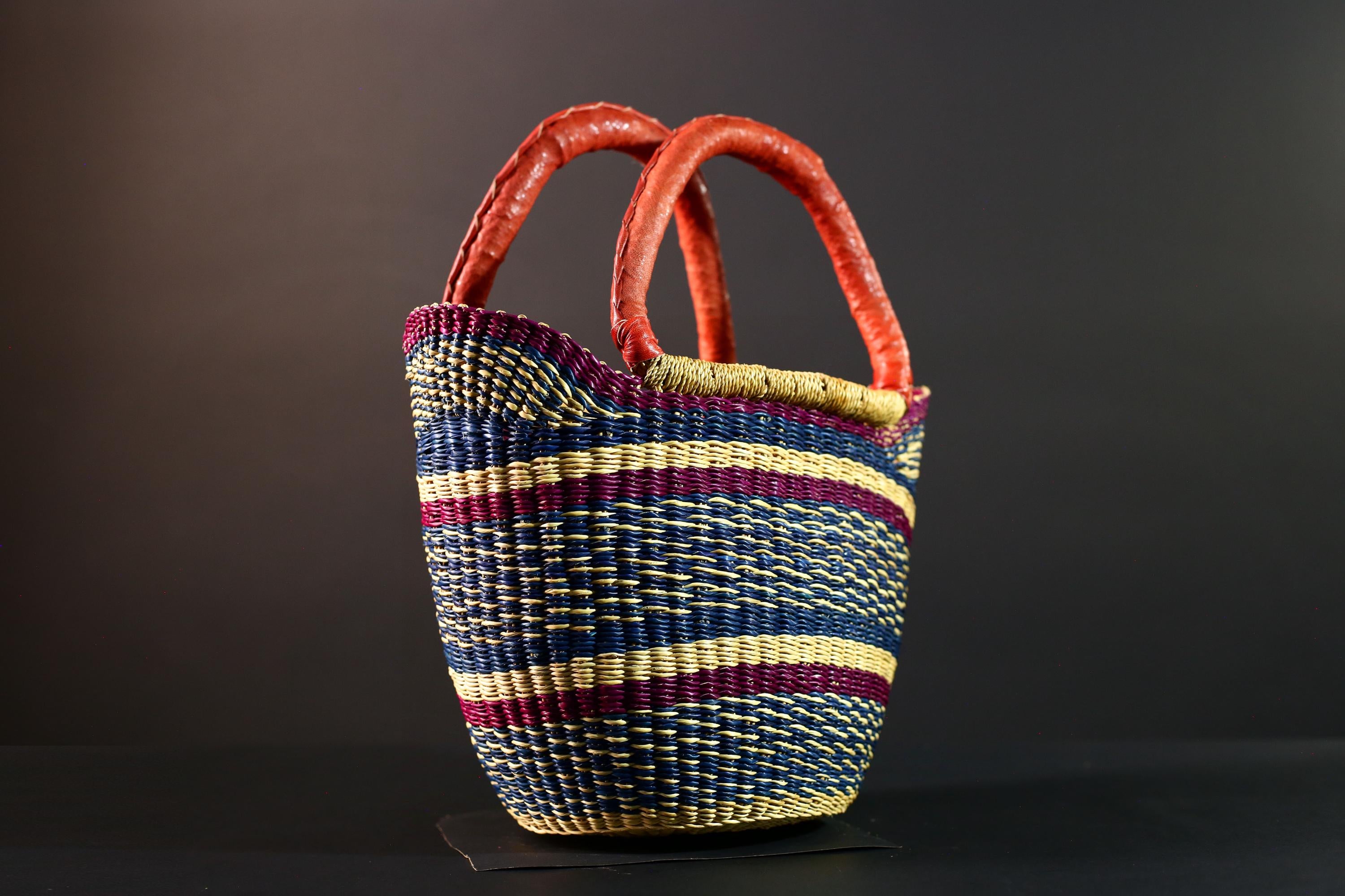 African Bolga Basket Red Leather Handle Indigo Straw Handwoven Ghana Market Tote Bag Tribal Organizer Home Storage Natural Decor G5628
