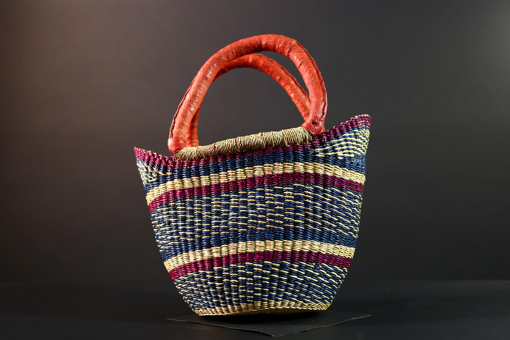 African Bolga Basket Red Leather Handle Indigo Straw Handwoven Ghana Market Tote Bag Tribal Organizer Home Storage Natural Decor G5628