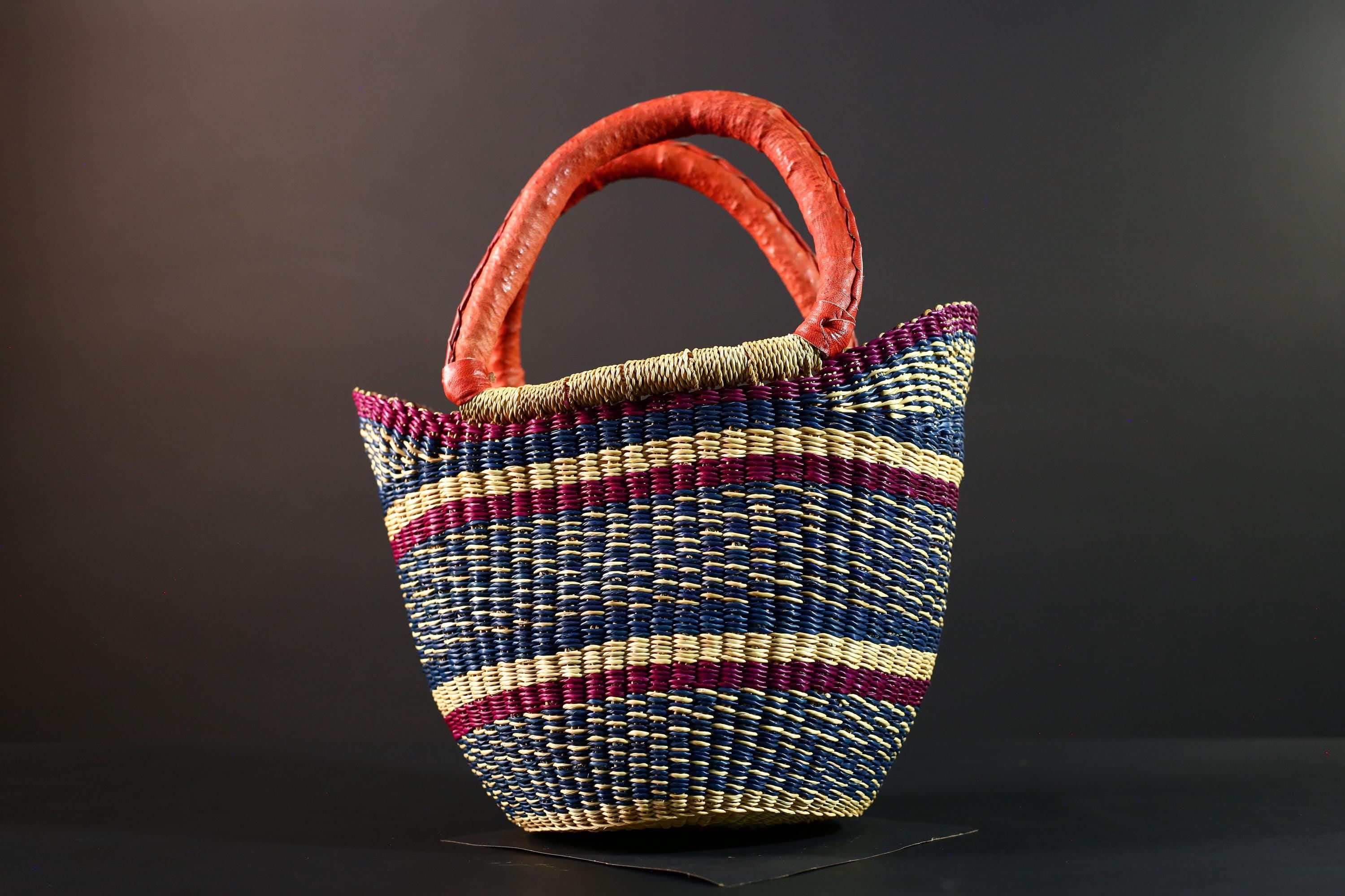 African Bolga Basket Red Leather Handle Indigo Straw Handwoven Ghana Market Tote Bag Tribal Organizer Home Storage Natural Decor G5628