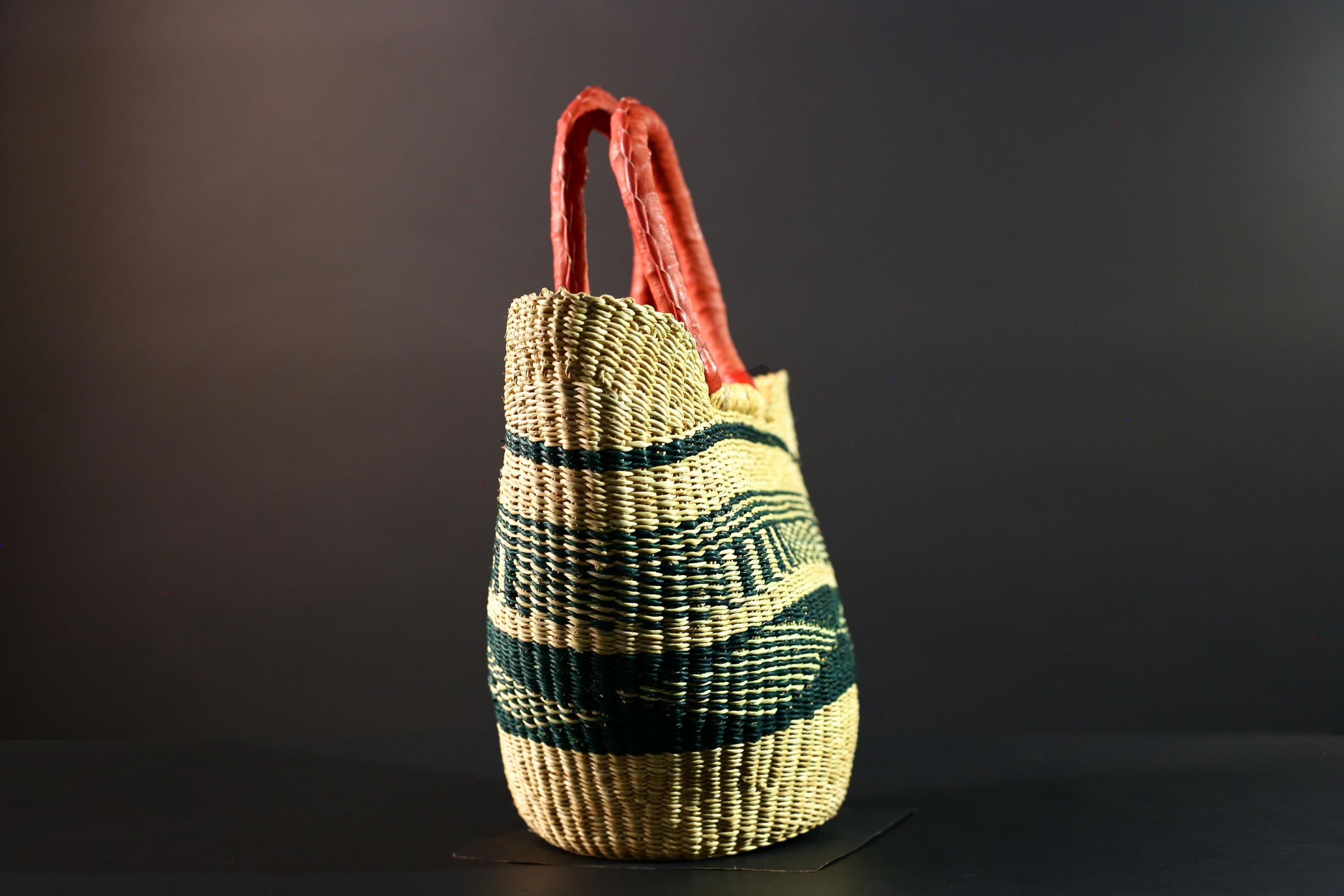 African Bolga Basket Handwoven Straw Tote with Red Leather Handle Market Shopping Organizer Storage Bag Ghana Home Decor G5629