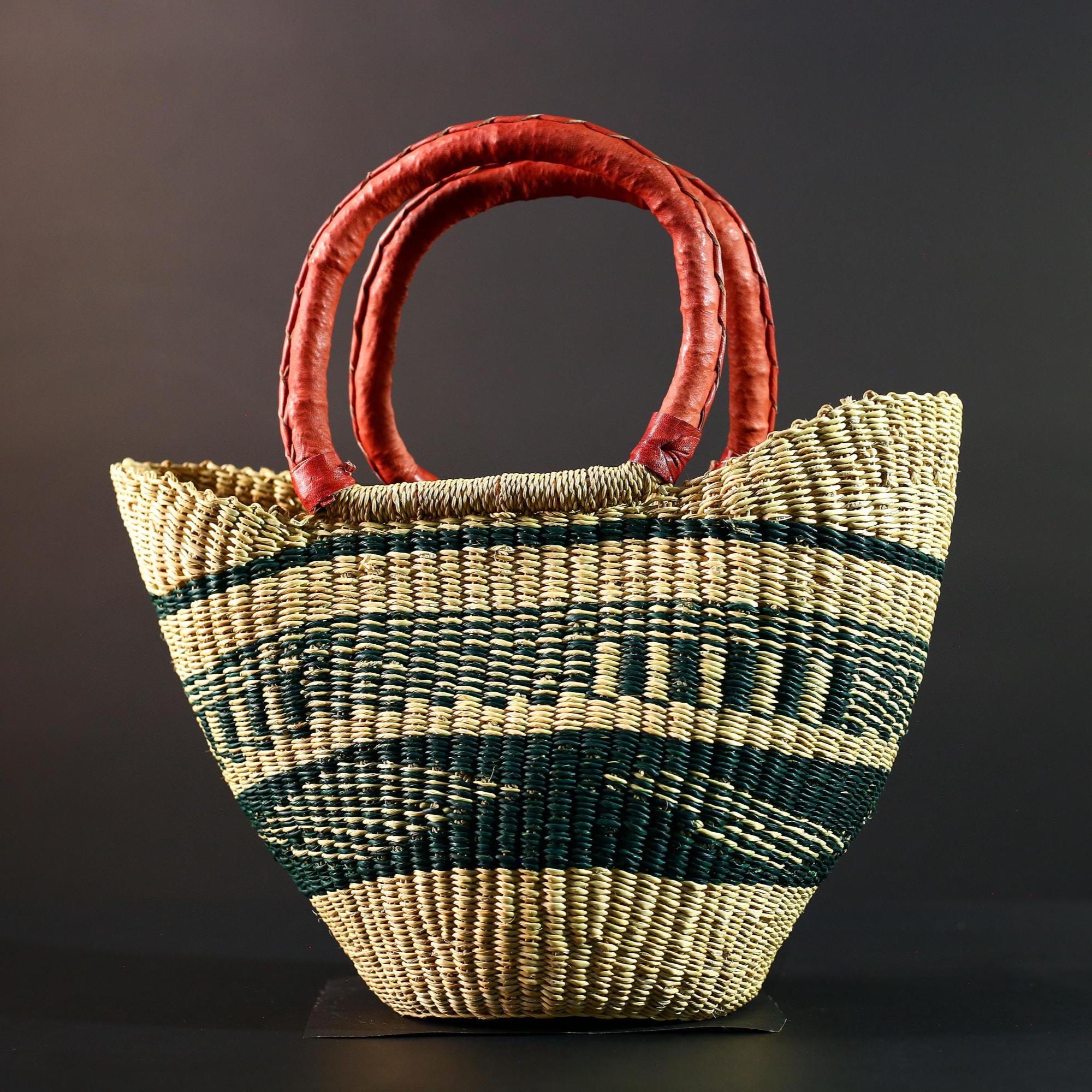 African Bolga Basket Handwoven Straw Tote with Red Leather Handle Market Shopping Organizer Storage Bag Ghana Home Decor G5629