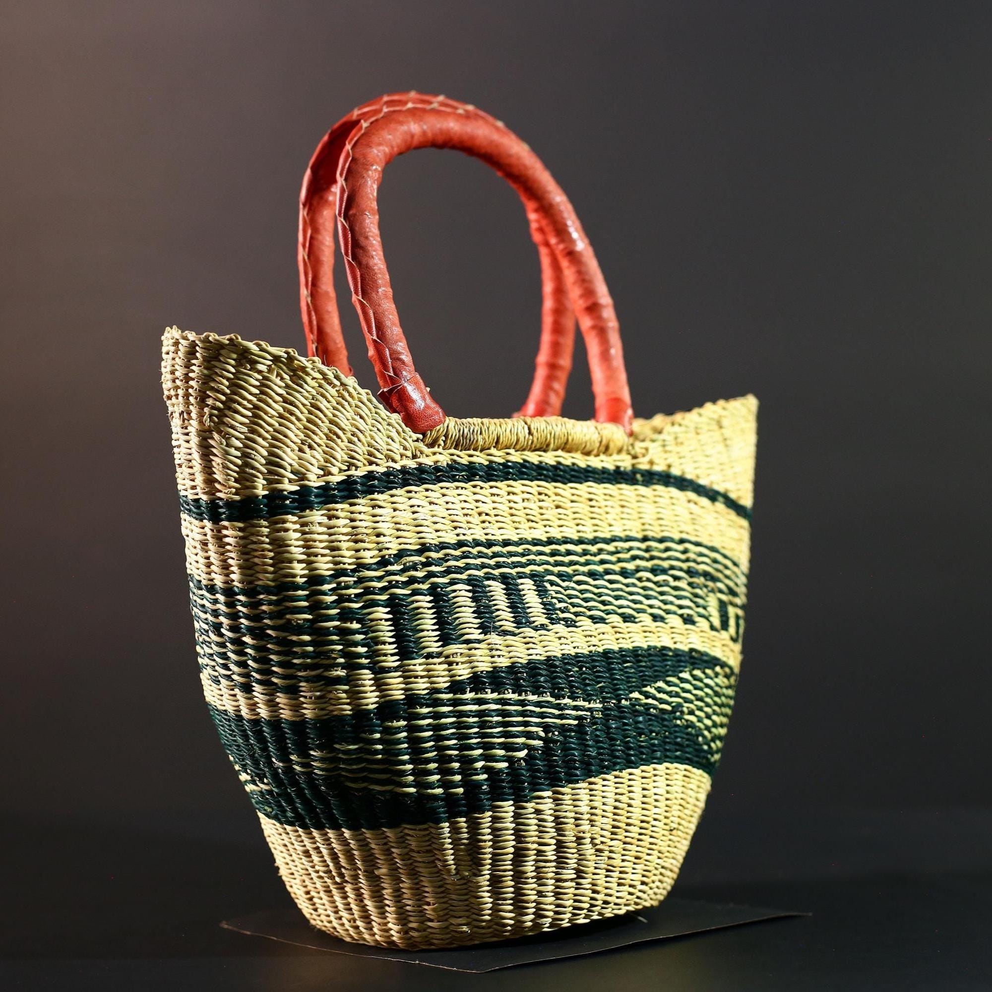 African Bolga Basket Handwoven Straw Tote with Red Leather Handle Market Shopping Organizer Storage Bag Ghana Home Decor G5629