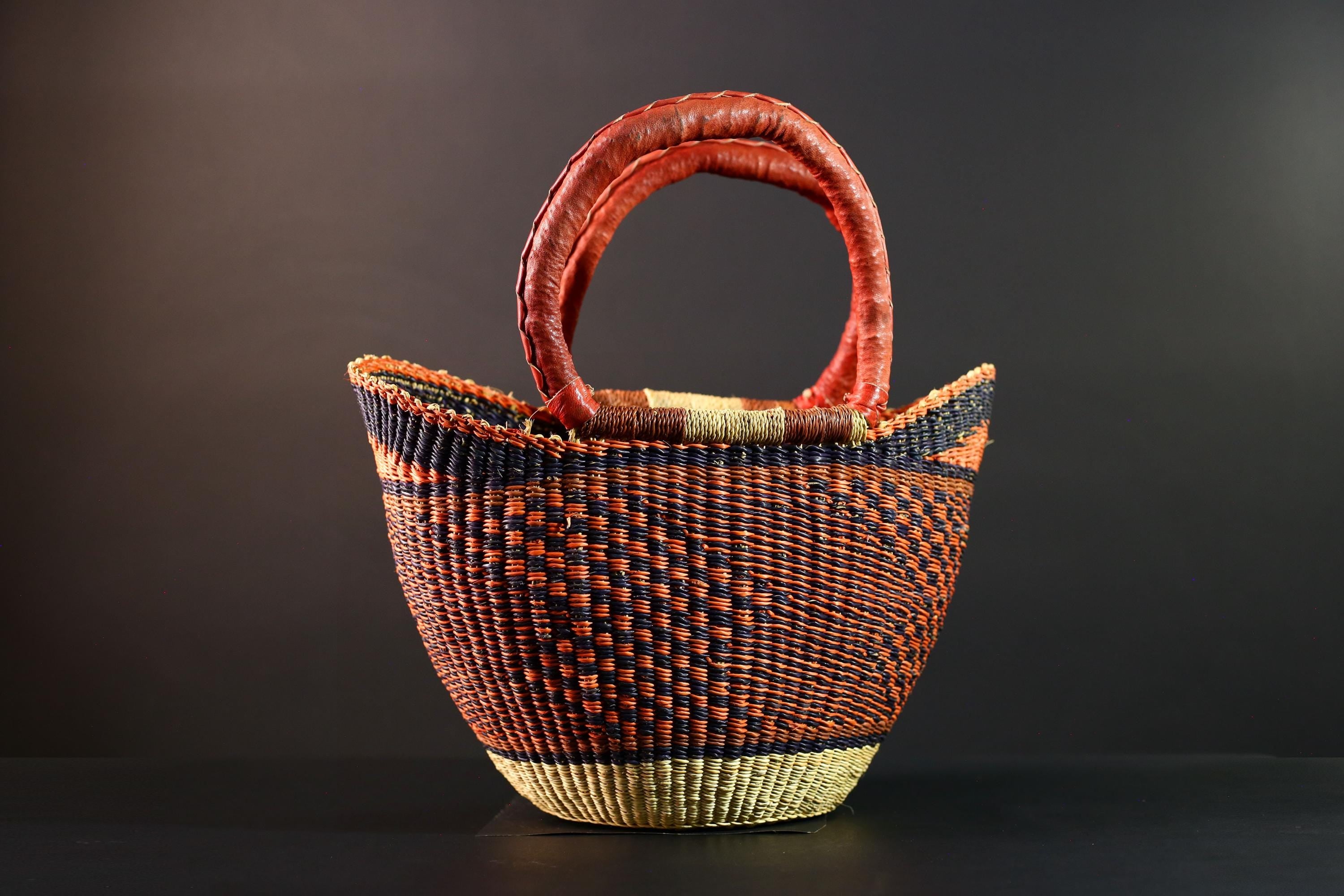 Large African Bolga Basket Handwoven Straw Tote with Red Leather Handle for Market Shopping Storage Ghana Orange Home Organizer Decor G5630