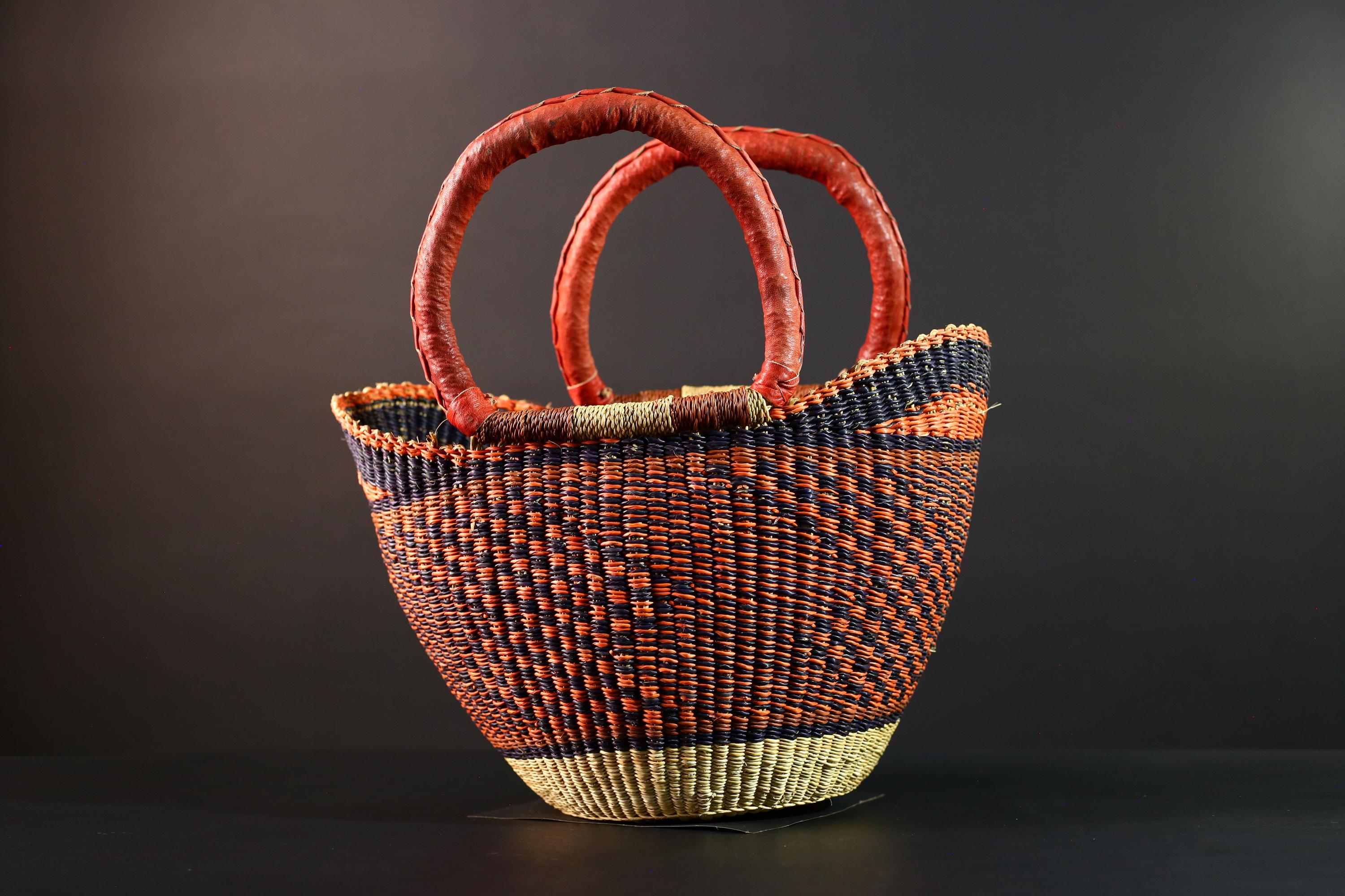 Large African Bolga Basket Handwoven Straw Tote with Red Leather Handle for Market Shopping Storage Ghana Orange Home Organizer Decor G5630