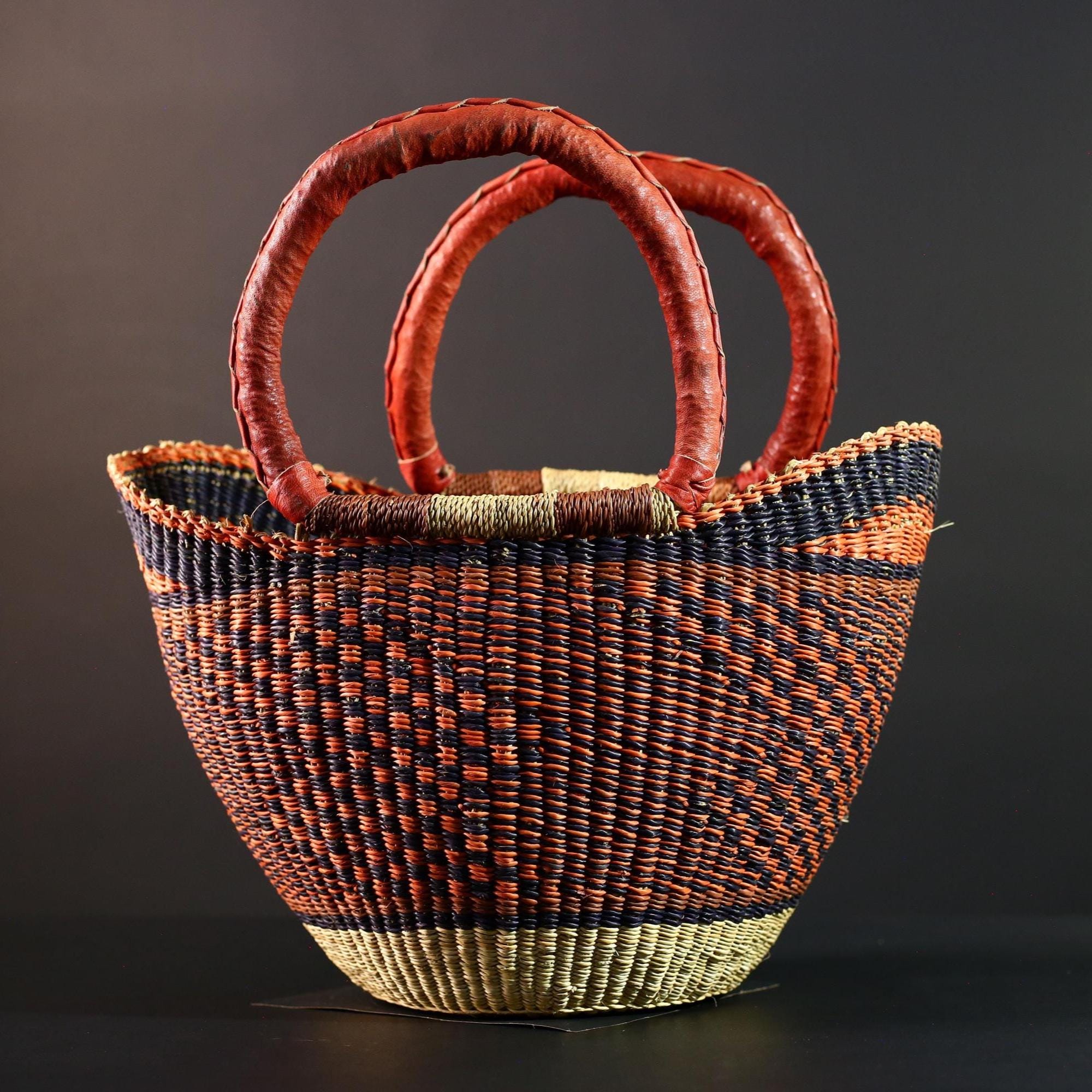 Large African Bolga Basket Handwoven Straw Tote with Red Leather Handle for Market Shopping Storage Ghana Orange Home Organizer Decor G5630