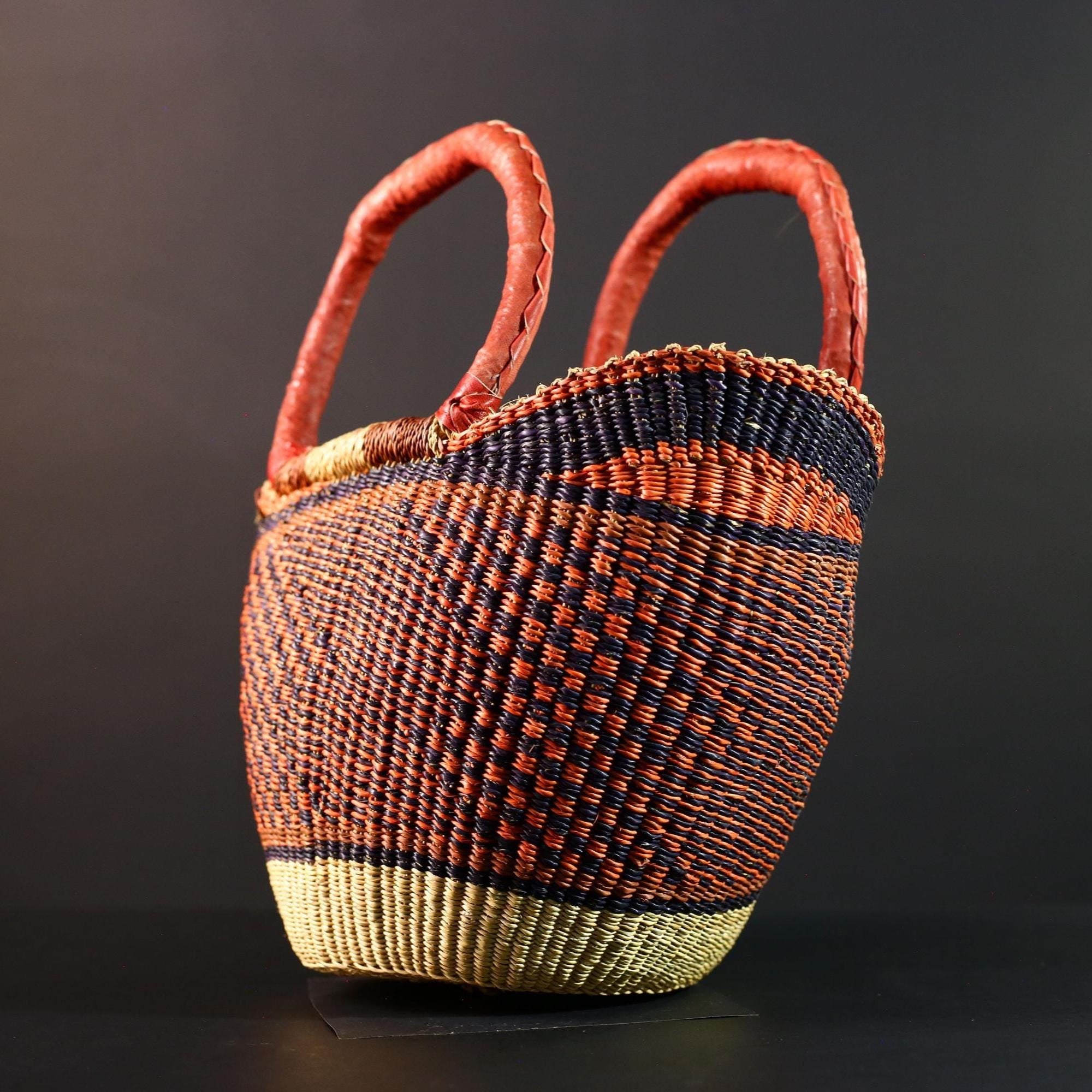Large African Bolga Basket Handwoven Straw Tote with Red Leather Handle for Market Shopping Storage Ghana Orange Home Organizer Decor G5630