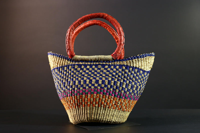 Africa market basket Bolga straw shopper tote with red leather handle colorful tribal weave Ghana handmade storage decor organizer bag G5631