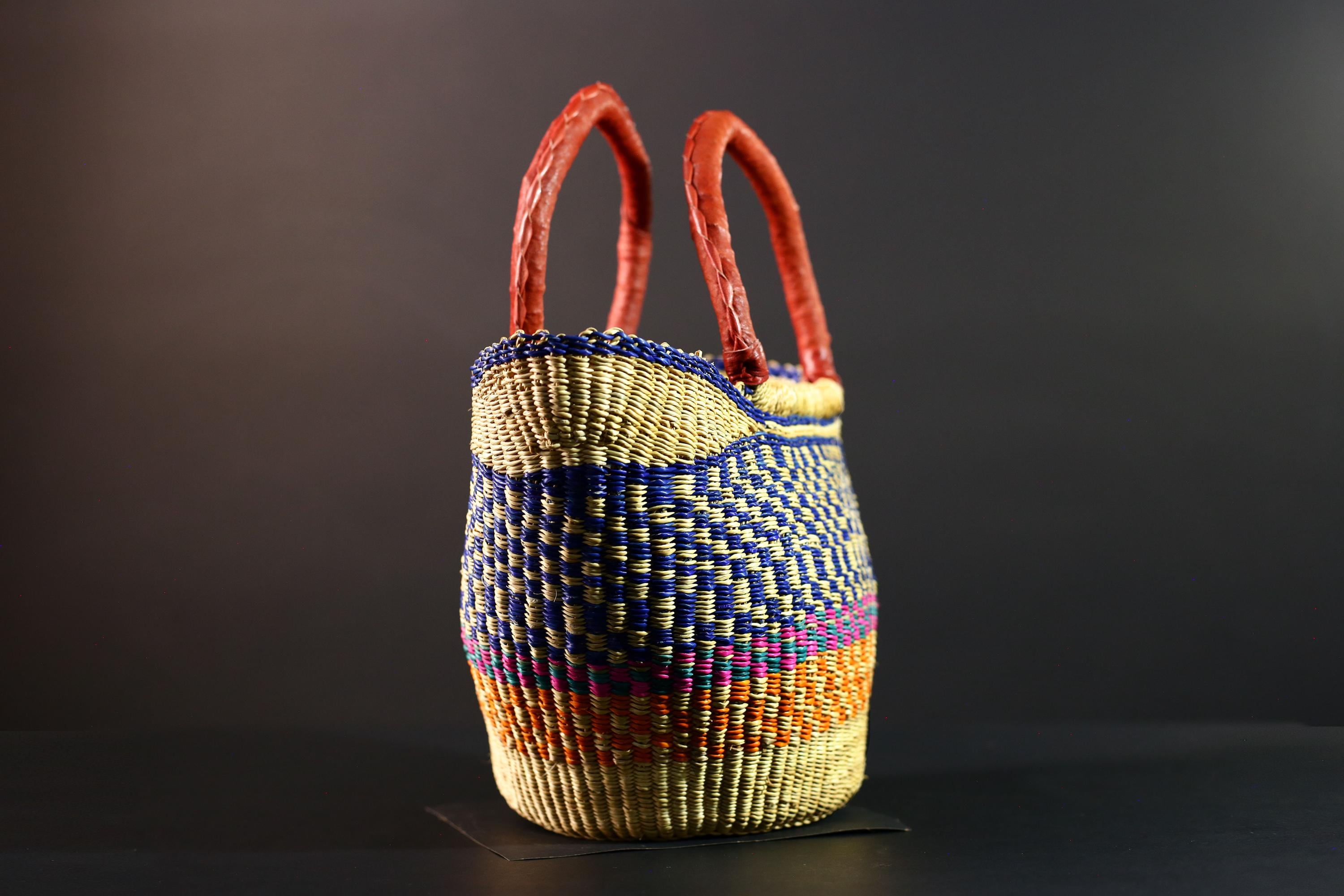 Africa market basket Bolga straw shopper tote with red leather handle colorful tribal weave Ghana handmade storage decor organizer bag G5631